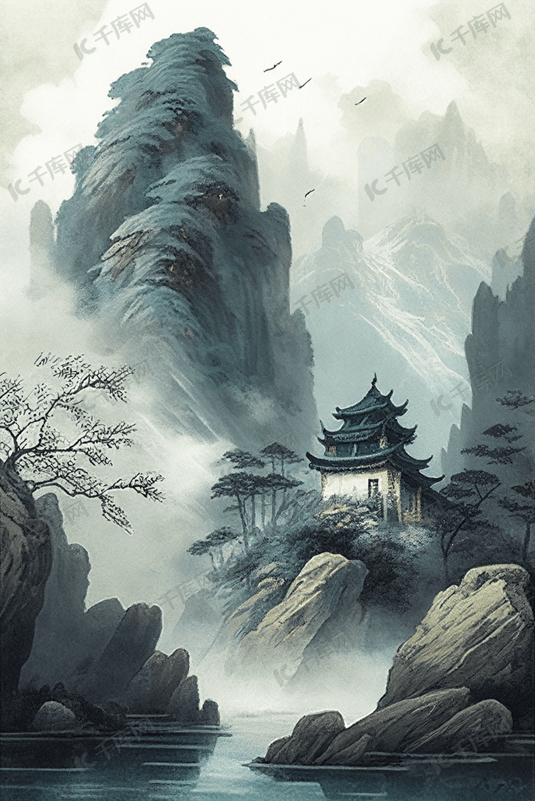 水彩风山水中国风水墨插画风景