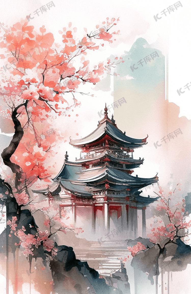 水彩风中式园林建筑樱花插画风景