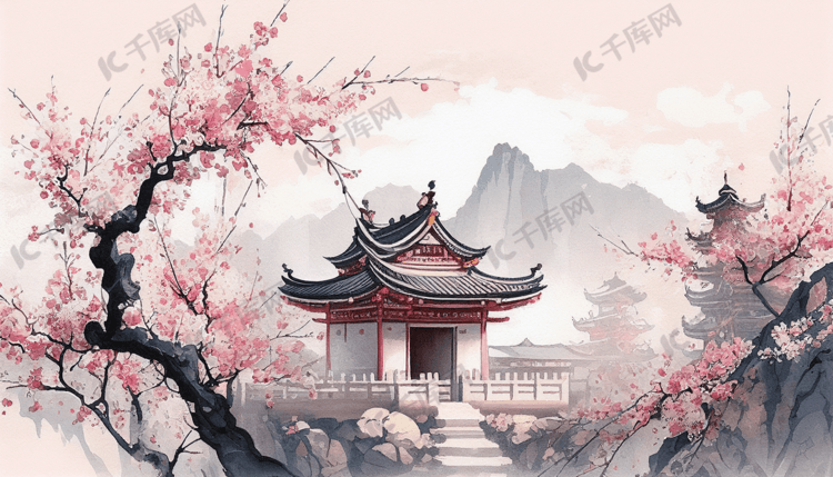 水彩风中式园林建筑樱花插画风景