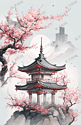 水彩风中式园林建筑樱花插画风景