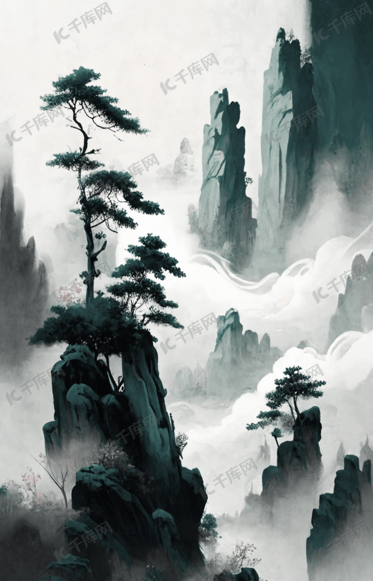 水彩风山水中国风水墨插画风景