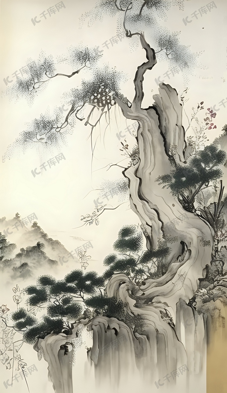 高山流水古风唯美浪漫工笔画中国画