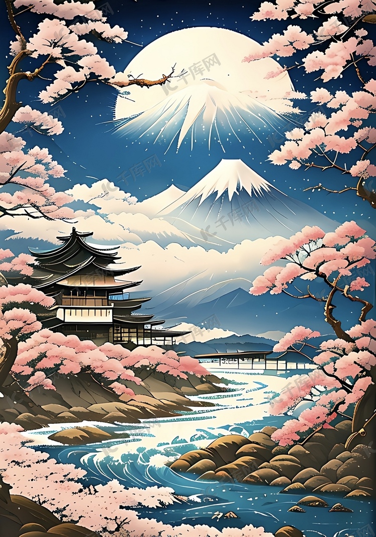 雪山樱花日本浮世绘古风插画