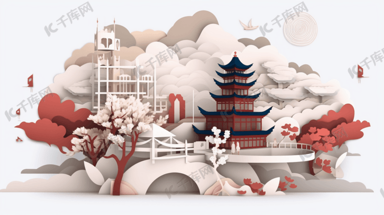 中国风古典建筑国潮剪纸风风景