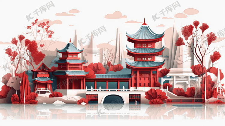 中国风古典建筑国潮剪纸风风景