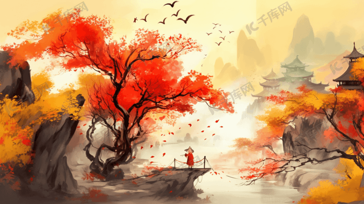 彩色中国风自然插画