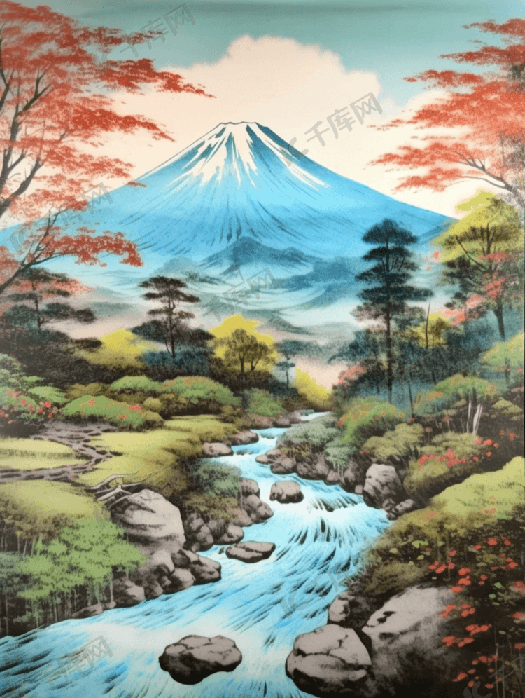 彩色富士山手绘浮世绘背景