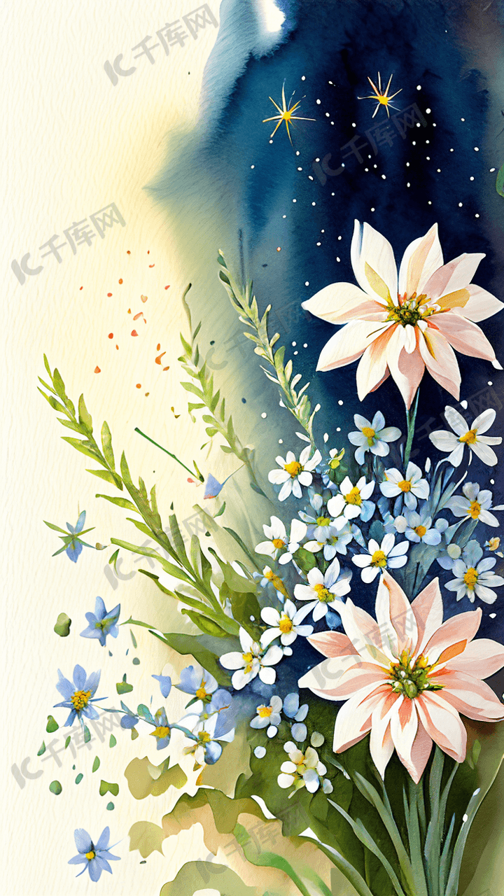 满天星花束水彩花束插画图片-千库网