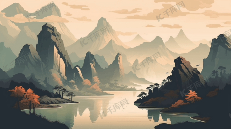 彩色中国风国潮风景插画