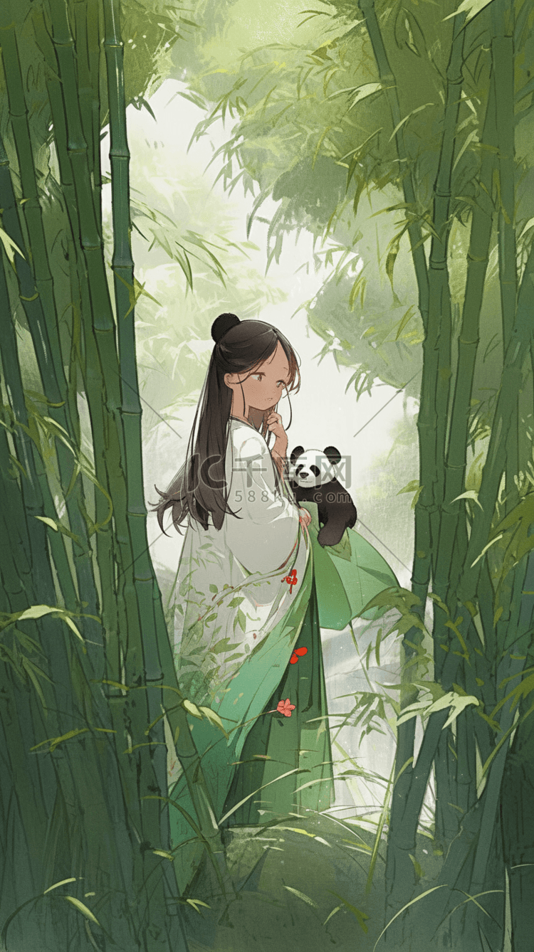 竹林中的熊猫和女孩
