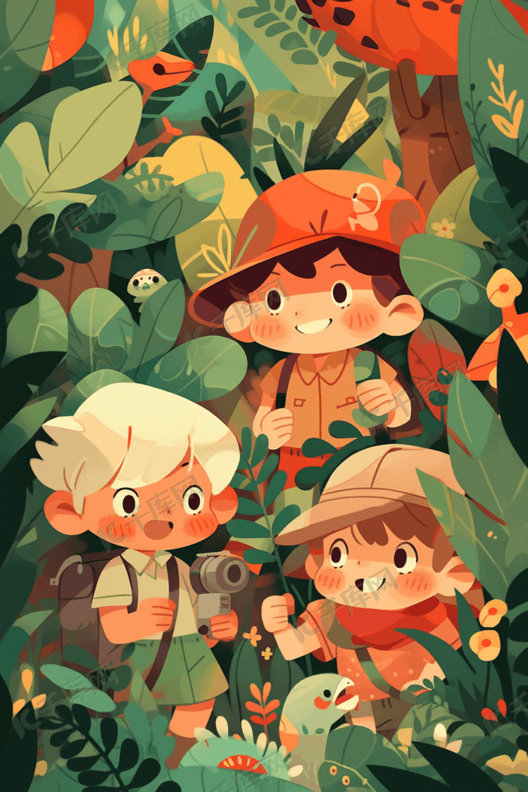 卡通可爱人物小孩丛林探险冒险