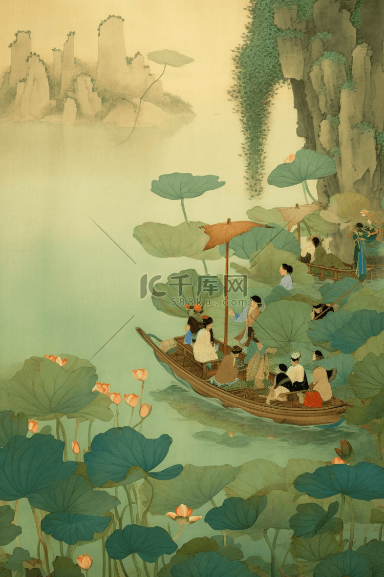 中国风古风泛舟划船荷叶池塘