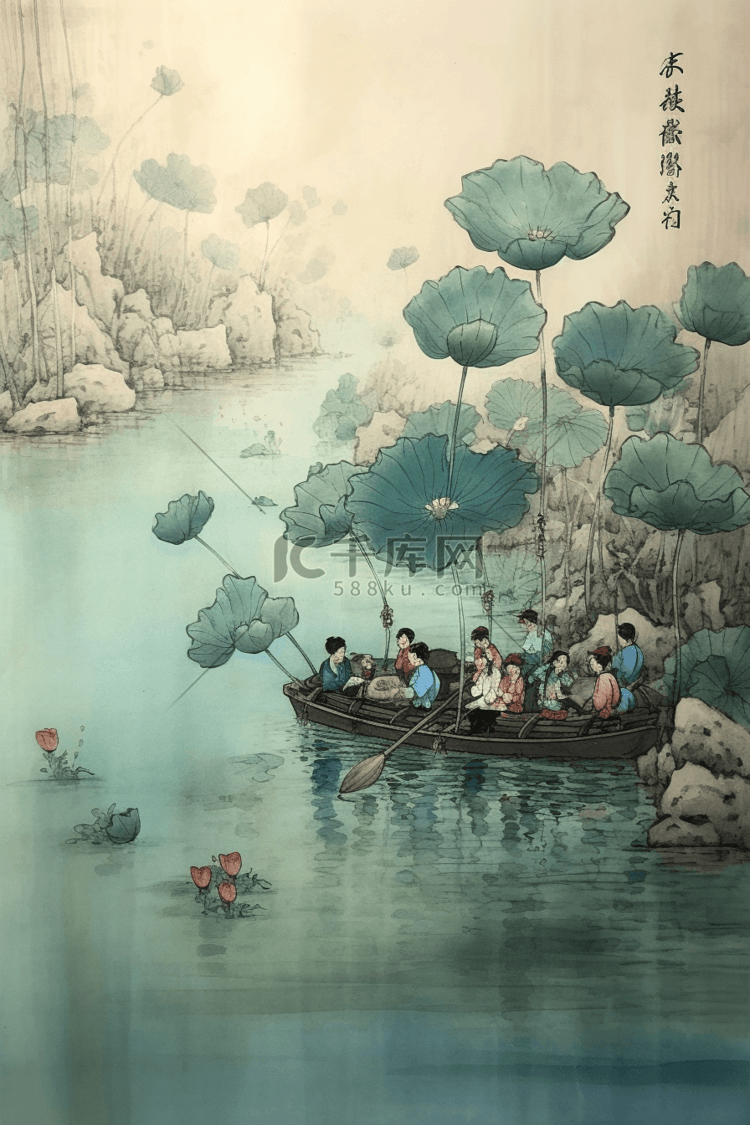 中国风古风泛舟划船荷叶池塘