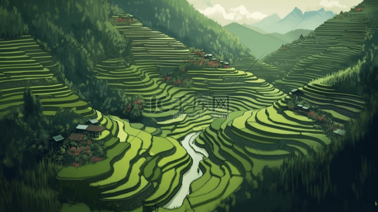 彩色梯田风景层次插画