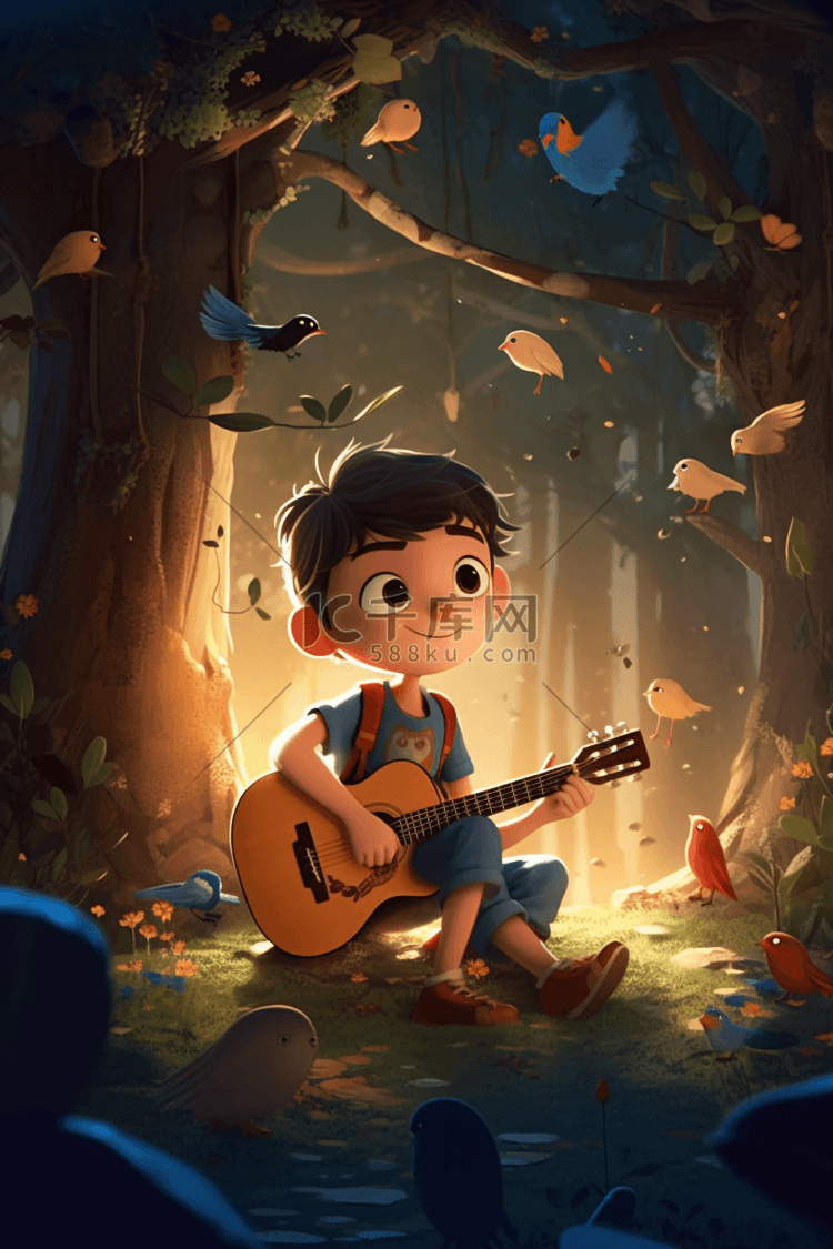 卡通可爱小男孩在弹吉他