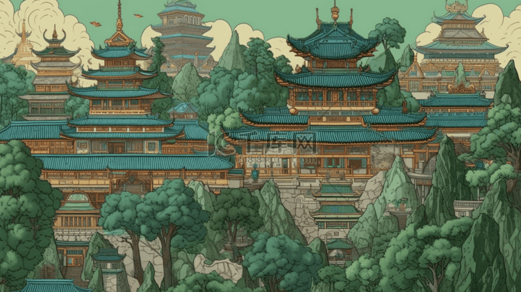 中式风格建筑插画