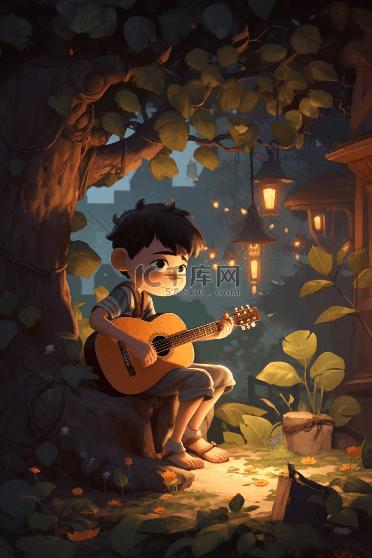卡通可爱小男孩在弹吉他