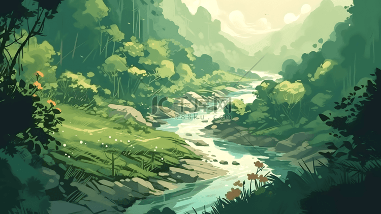 夏日山川河流森林绿色场景