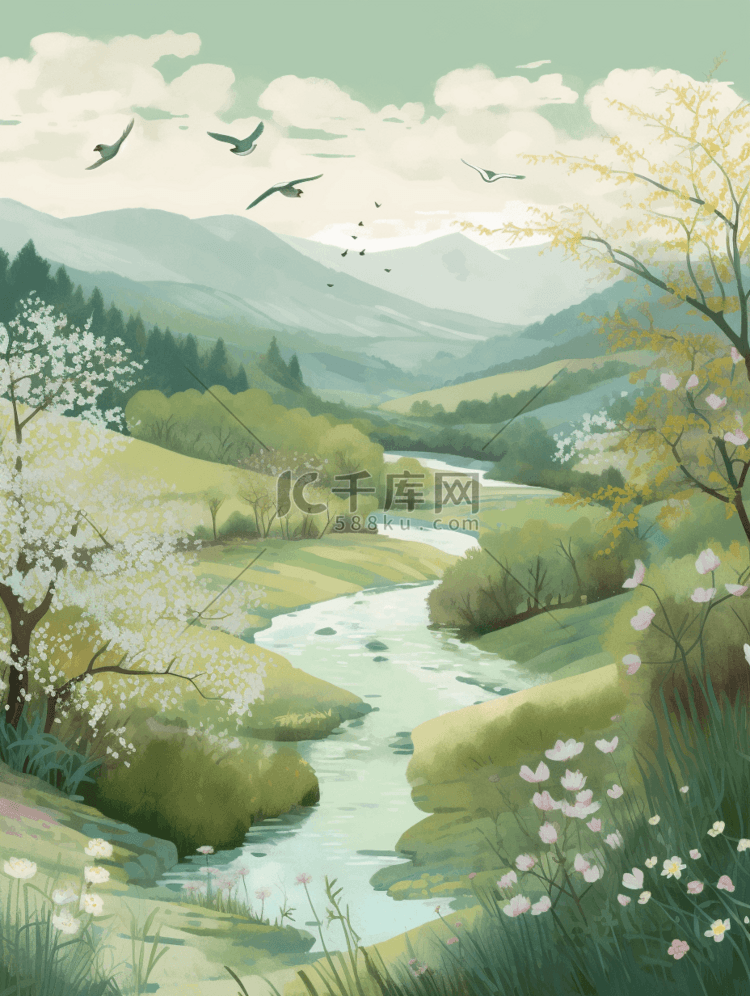 手绘风夏季治愈大自然风景插画图片 千库网