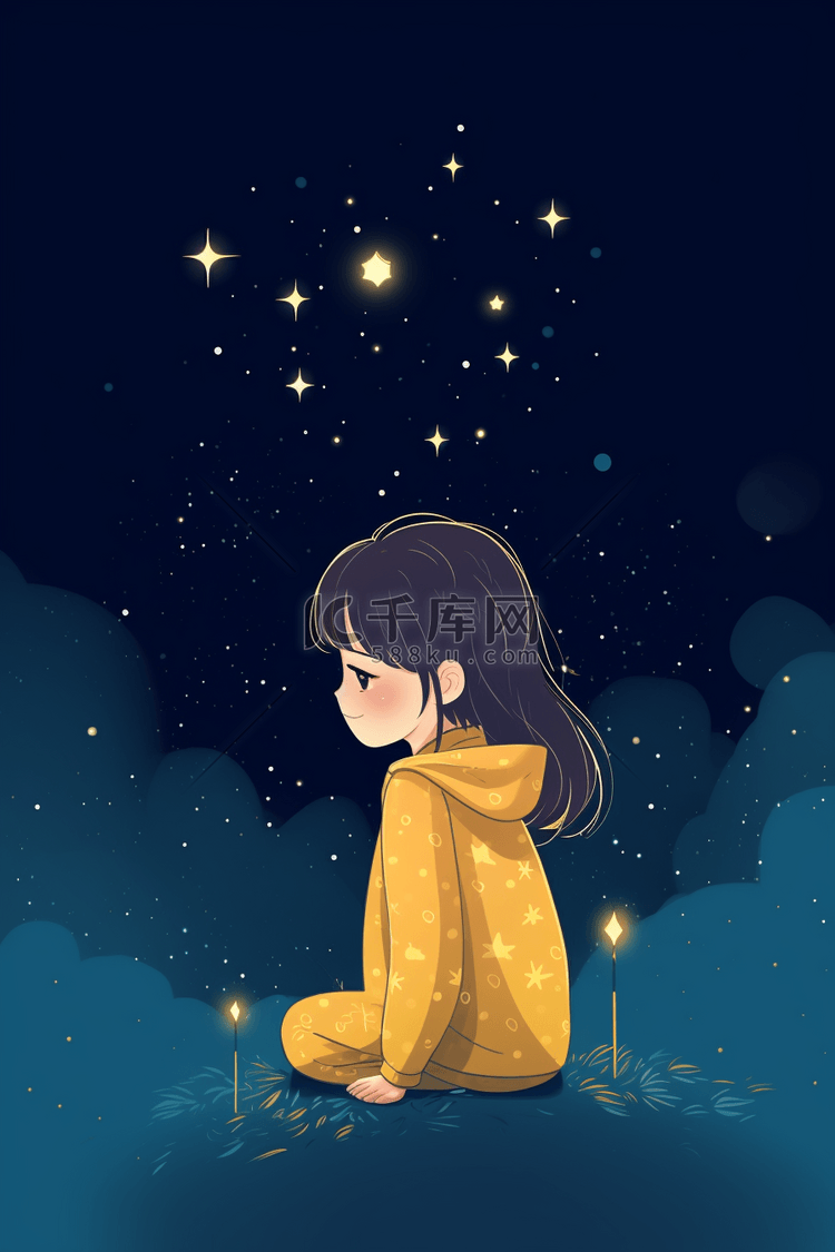 插画唯美星空女孩人物夜晚