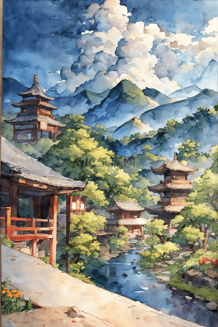 国风水彩画水墨画
