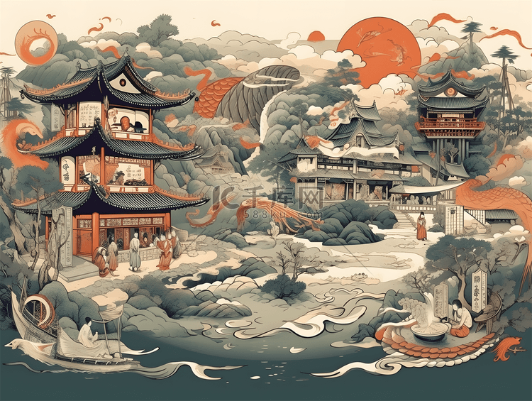 国潮古风矢量山海经复古插画