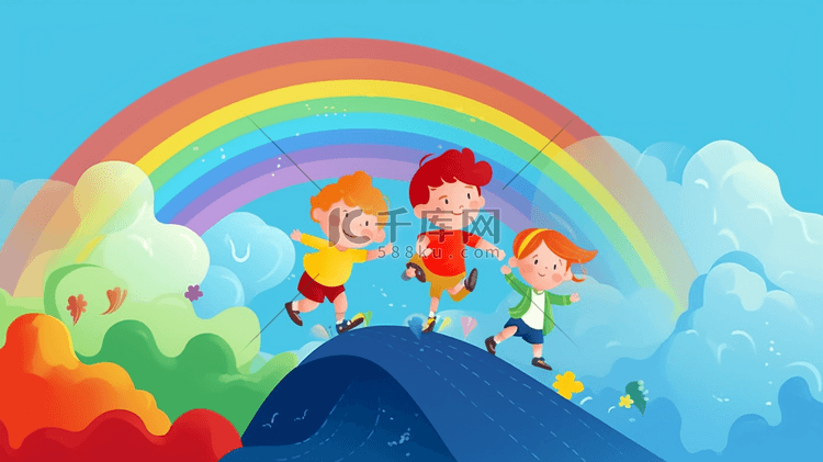 儿童节卡通可爱孩子彩虹