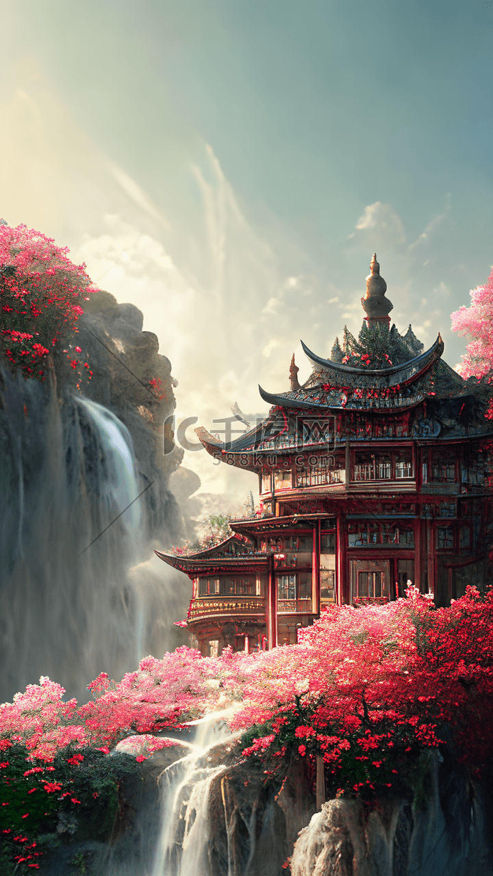 中国风宫殿瀑布花朵云朵