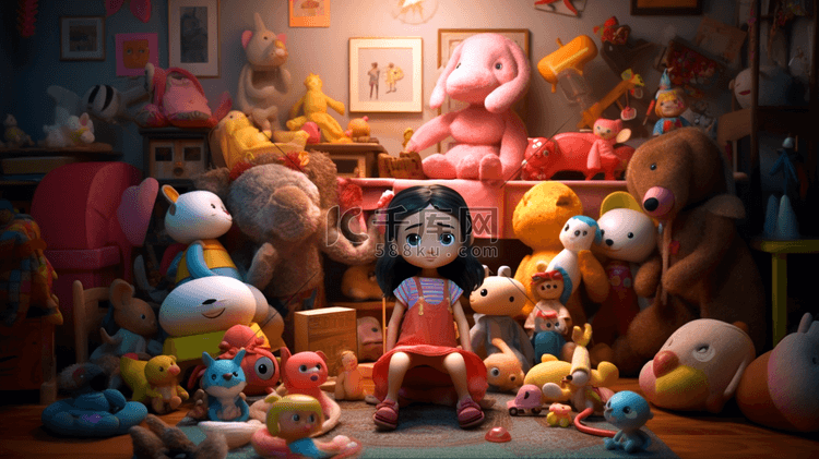 儿童节卡通可爱小女孩3D场景卧室玩具