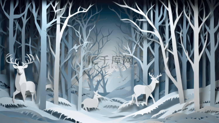 手绘夜晚森林下的麋鹿图