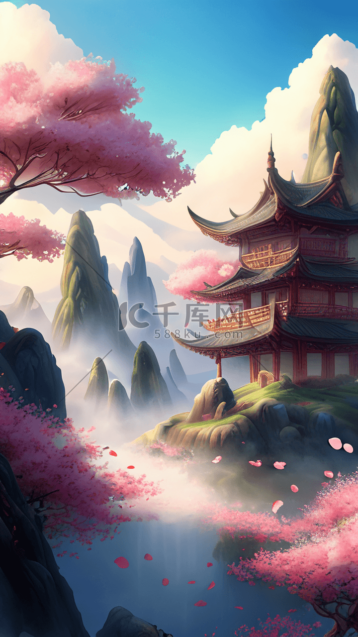 唯美中国风建筑亭子远山