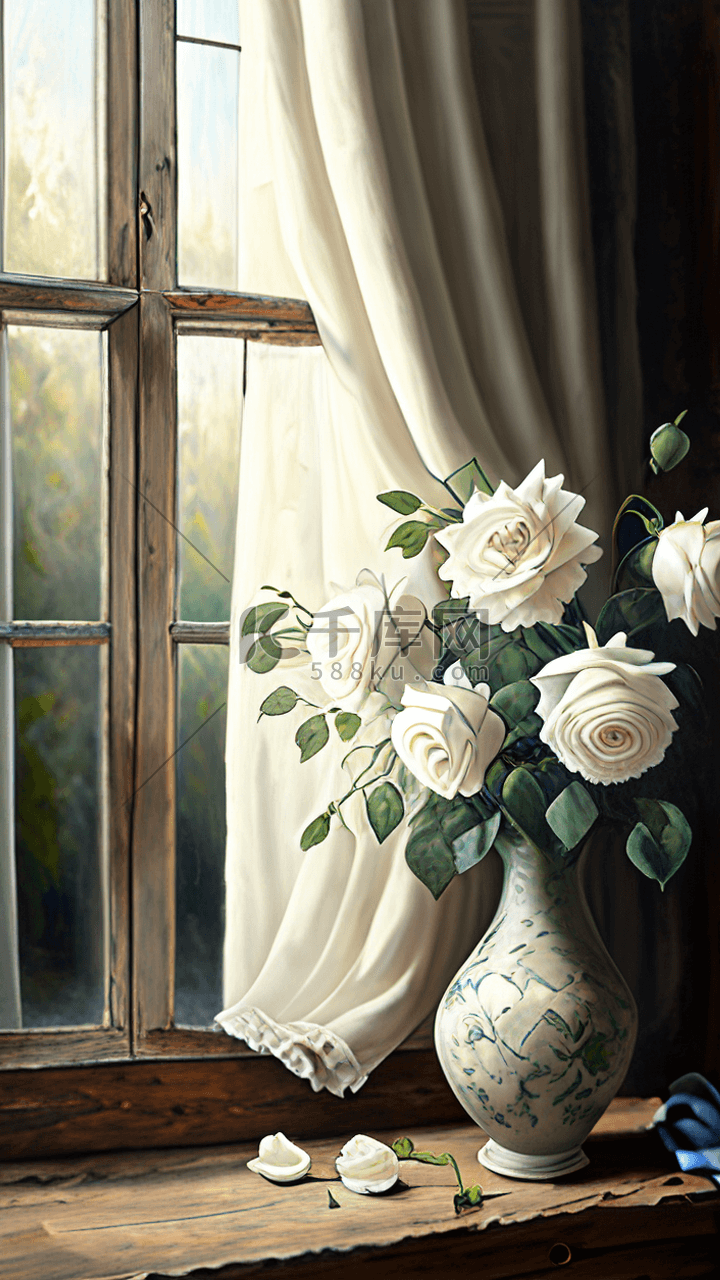 窗户窗帘和插花花瓶