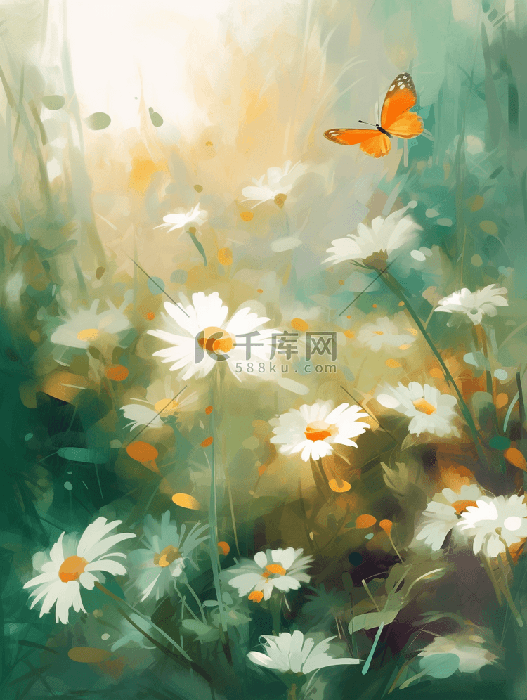 花朵与蝴蝶风景插画手绘