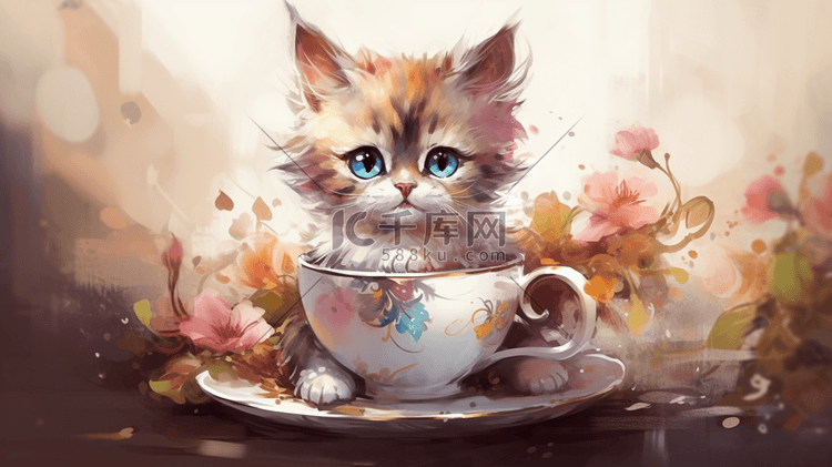 水彩风可爱的萌宠茶杯小猫