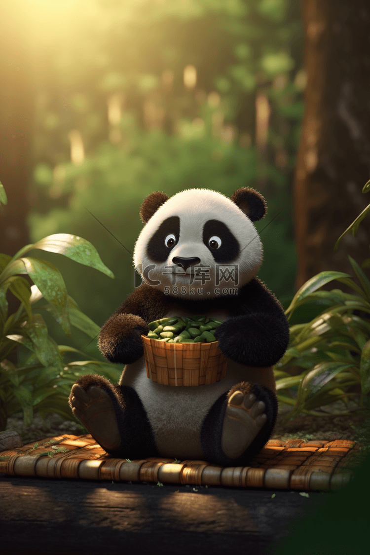 大熊猫动物国宝可爱吃竹子插画