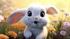 一只卡通可爱的3D毛绒兔子形象在花丛中