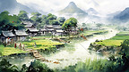 手绘水彩中式田园插图