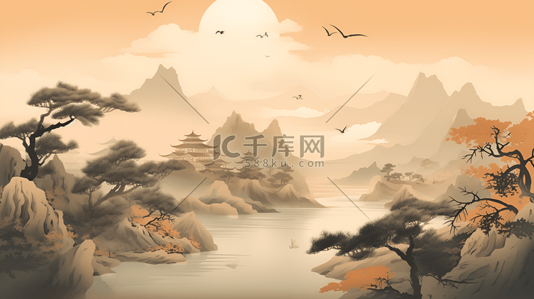 中国风山水画古风插画