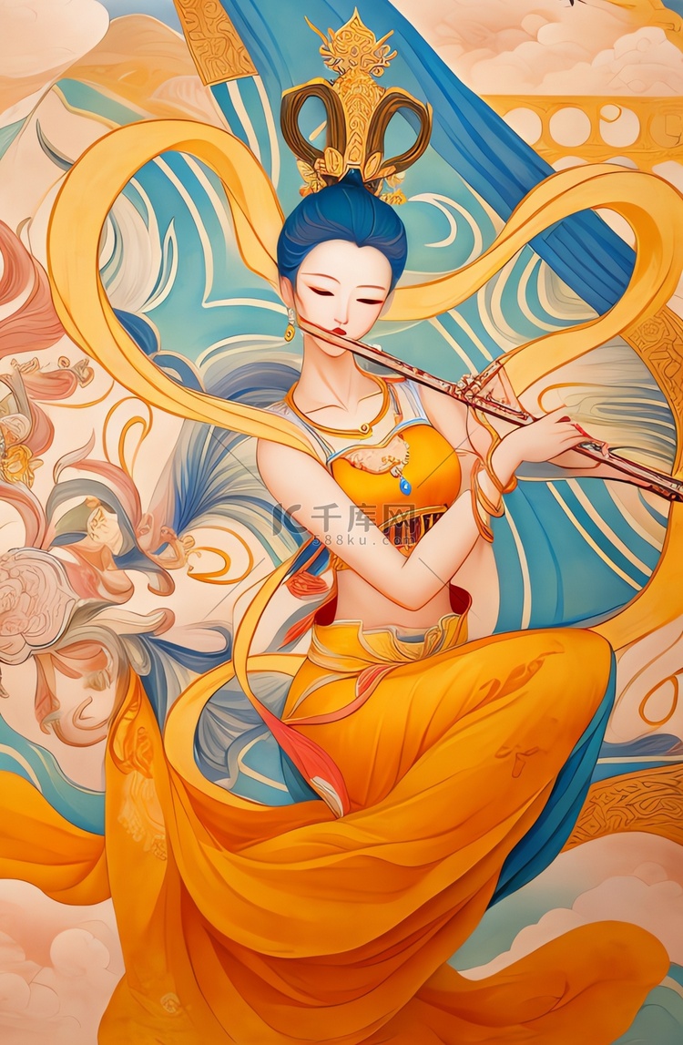 一个敦煌神女飞天吹笛子敦煌中国风壁画背景
