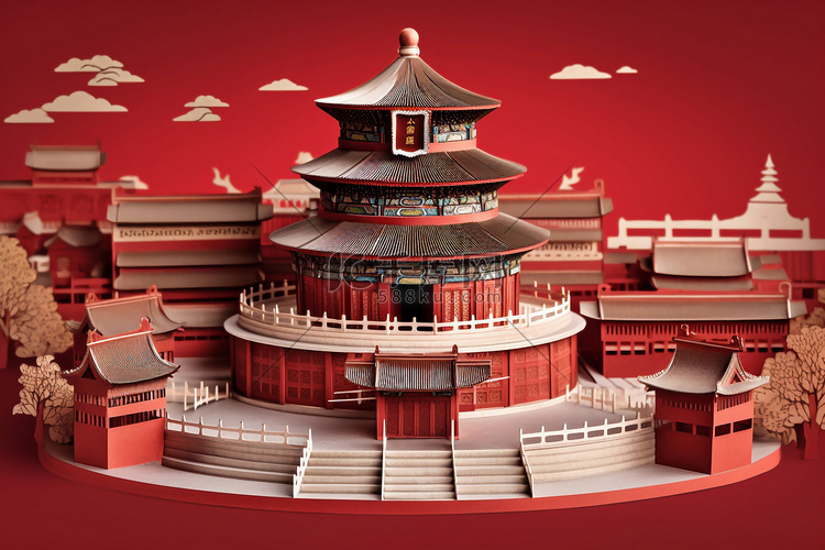 剪纸风格古风建筑古塔地标立体感折纸插画图片 千库网