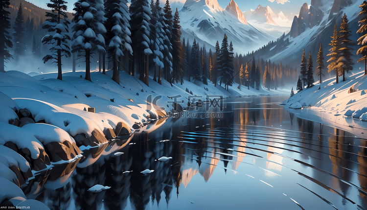 手绘雪景山树水数字艺术图
