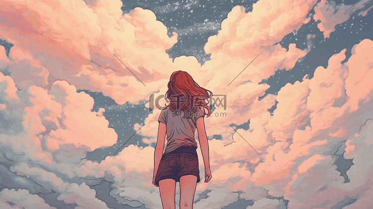一个女孩在阳光下看着云朵手绘