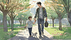 父亲带着儿子在公园里散步