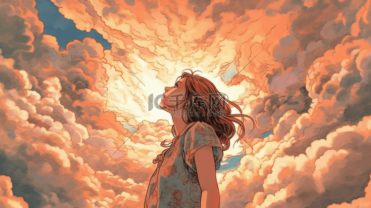 一个女孩在阳光下看着云朵手绘