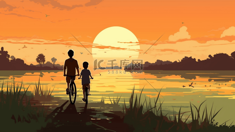 一个小男孩和父亲在湖边骑自行车的卡通片