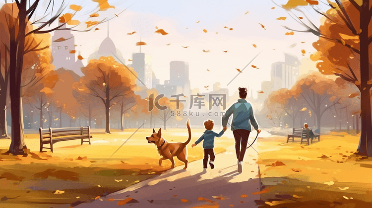 父母和孩子带着走狗在公园里散步