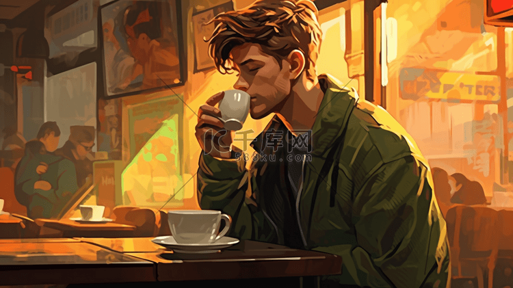 一个年轻人正在咖啡店喝咖啡