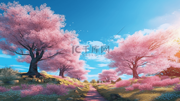 蓝天下樱花树景色数字艺术插画