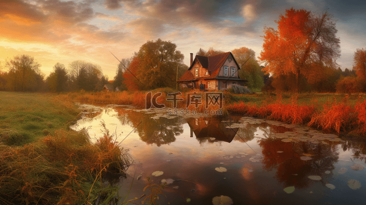 秋天美丽的乡村美景插画