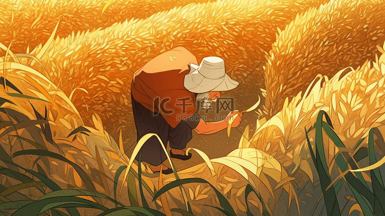 农民老人在麦田里检查麦穗手绘插画